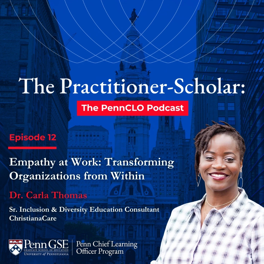 Cover artwork for PennCLO Podcast episode 12 with headshot of Dr. Carla Thomas