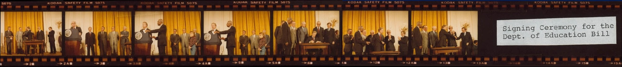 A photostrip of vintage photos of President Carter signing a bill at a table and speaking at a podium with the seal of the President of the United States.