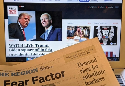 An image of a newspaper and the PBS NewsHour homepage.