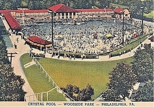 A vintage postcard featuring the Crystal Pool at Woodside Park amusement park in West Philadelphia