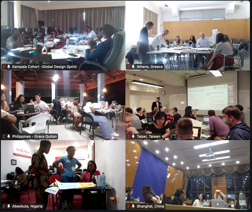 A virtual meeting with six groups of people