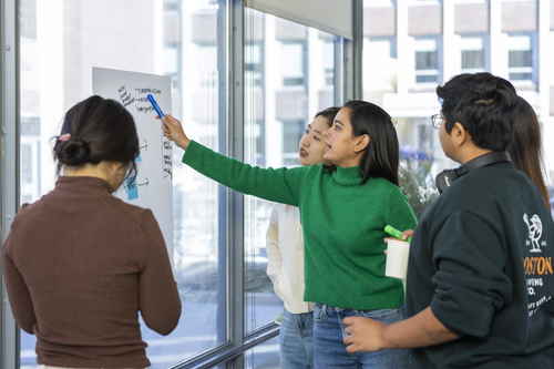 A group of people standing in front of a poster