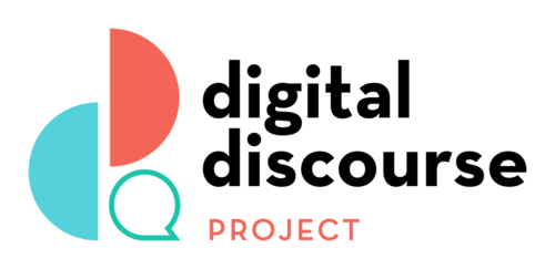 digital discourse project written out to the right with 2 disjointed semicircles in teal and orange with a green comment bubble
