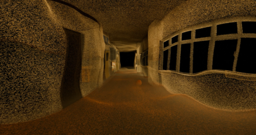 A grainy AI-created orange-tinted image of a hallway with lots of windows.