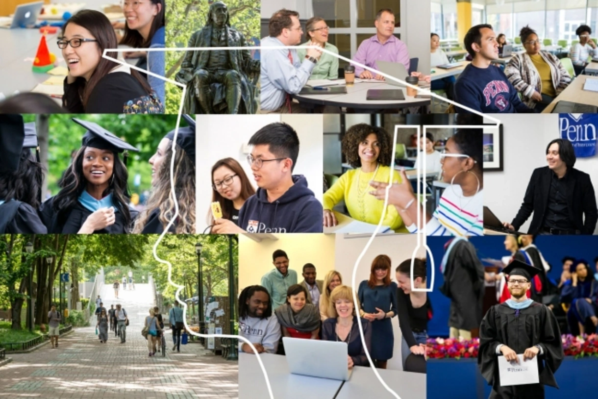 A silhouette of a student’s head in a graduation cap is filled with various images of the Penn GSE building, Penn campus views, students, and faculty. 