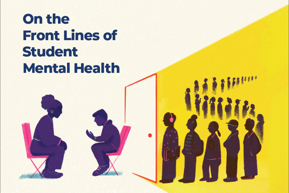 Cover of the Spring/Summer 2026 issue of Penn GSE Magazine featuring an illustration of a school counselor meeting with a distraught child while a long line of students snakes into the distance on the other side of a door. The text above reads "On the Front Lines of Student Mental Health"