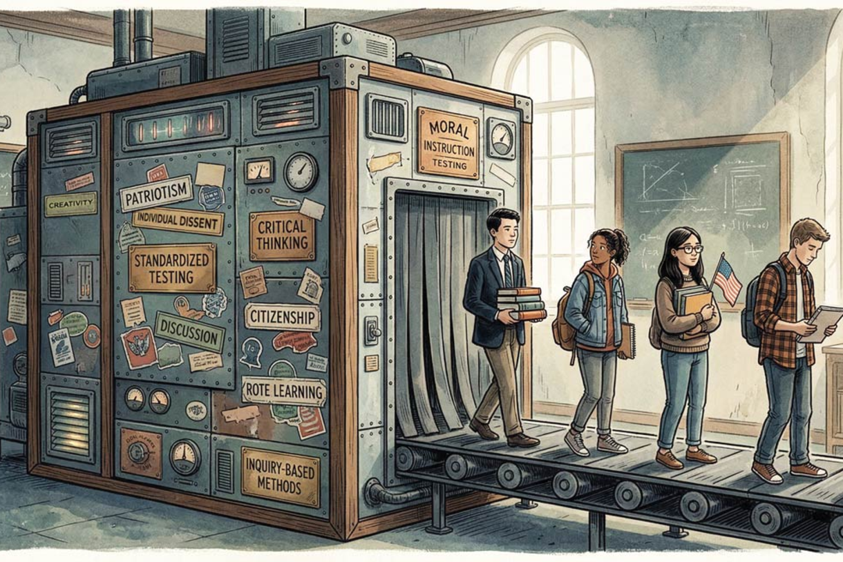 An illustration of students coming through a machine on a conveyor belt. The machine has signs on it for "patriotism," "citizenship," "critical thinking," and more.