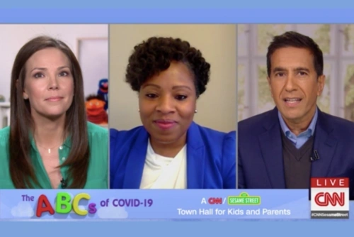 From left, CNN’s Erica Hill, Penn GSE graduate Sundai Riggins, and CNN’s Sanjay Gupta, appear on ABCs of COVID-19: A CNN/Sesame Street Town Hall for Kids and Parents. (CNN)