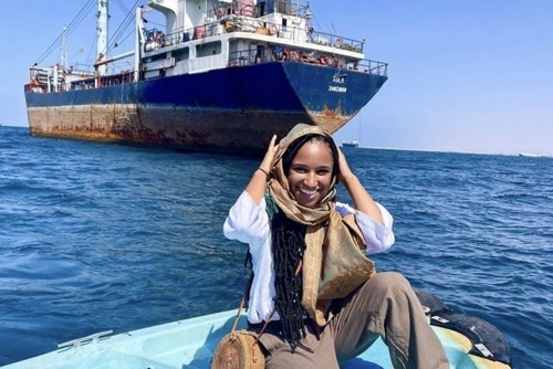 La India Santos on a boat in the ocean