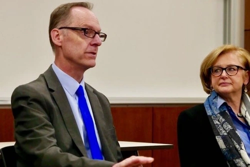 Two of the policy brief co-authors Scott&nbsp; Pattison, left, and Joni Finney, right,&nbsp; speaking at Penn GSE in November, 2019. 