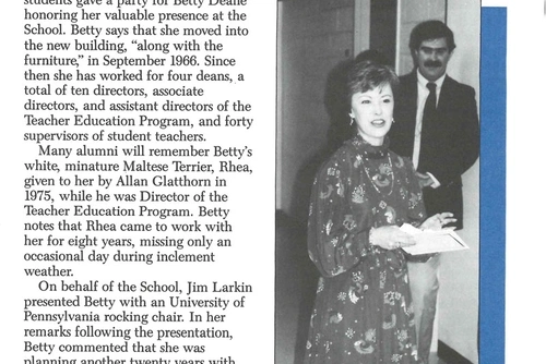 Newspaper clipping of a 1987 article with a black & white image of Betty Deane with Dr. James Larkin. The headline reads “GSE Celebrates Twenty Years with Betty Deane”