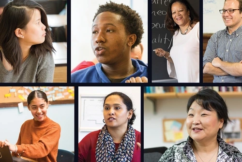 Seven tiled images of GSE faculty, Philadelphia students, and teachers in classrooms appear in rectangles.