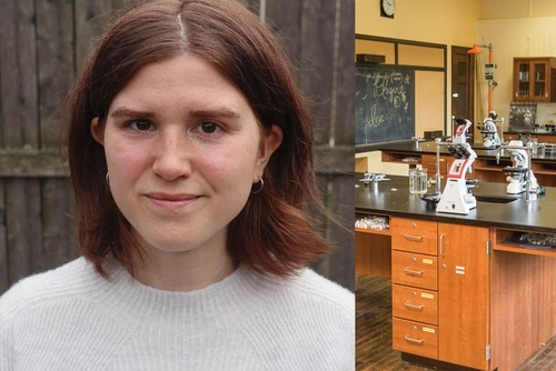 Headshot of Charlie (Rachel) Porter next to an image of a science laboratory containing various articles including a blackboard and wooden tables with lab equipment.