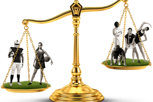 A gold scale shows a football and basketball player weighing down one side and a swimmer, tennis player, fencer, and runner on the other side. 