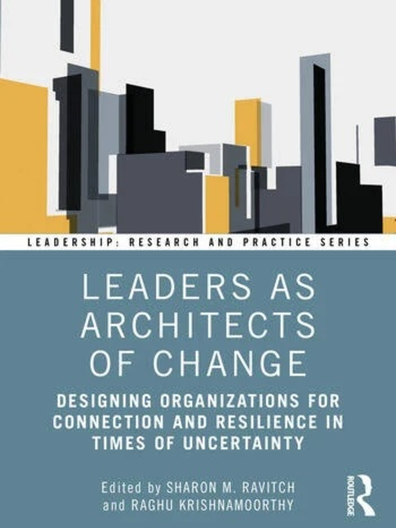 The cover of Leaders as Architects of Change with an illustration of skyscrapers