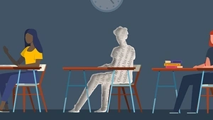 An illustration depicting the outline of a child sitting in an otherwise vacant school desk.