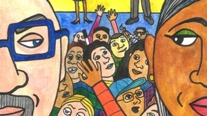 A stylized, hand-drawn illustration of a classroom. Two teachers – one on each side – frame a view of a classroom filled with a diverse crowd of enthusiastic, happy students.
