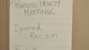 Note with handwritten phrases: Pointless faculty meeting, ignored racism, favoritism