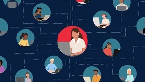 An illustration depicting a teacher connecting digitally with students