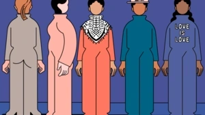 An illustration of five diverse individuals standing in a row from behind, each with unique outfits: a keffiyeh scarf, a 'Black Lives Matter' cap, and 'Love is Love' on a jumpsuit, against a dark blue background.