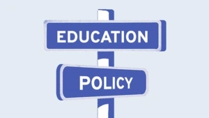 An illustration of street signs at an intersection that read "Education" and "Policy"