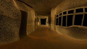 A grainy AI-created orange-tinted image of a hallway with lots of windows.
