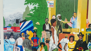 A classroom mural behind short bookshelves depicting a scene of figures from throughout American history lined up outside a building with a sign reading Vote Here.